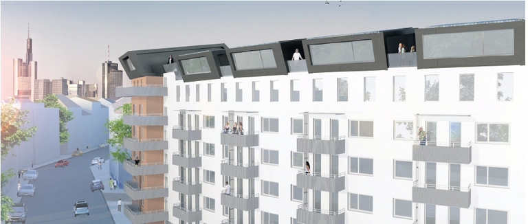 Der Wettbewerbsbeitrag des Teams der FH Frankfurt sieht das Aufsetzen
einer neuen Wohneinheit auf ein bestehendes Gebäude vor. Der so genannte Symbiont deckt seinen eigenen Energieverbrauch durch Sonnenenergie.